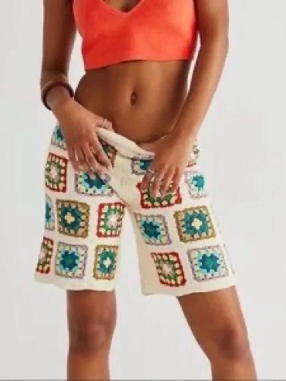 Free People x Flook Crocheted Granny Square Long Shorts Artisan Made Bali